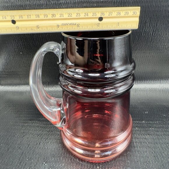 TARNOWIEC Poland Large Ruby Red Glass Beer Stein Jug With Clear Handle Vase VTG - Picture 2 of 15